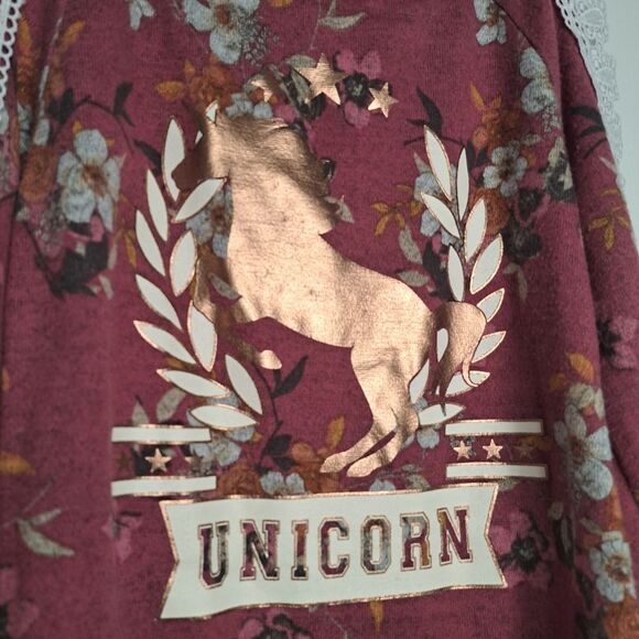 Pink Floral Metallic Unicorn shirt with Lace Crochet sleeves - Picture 4 of 4